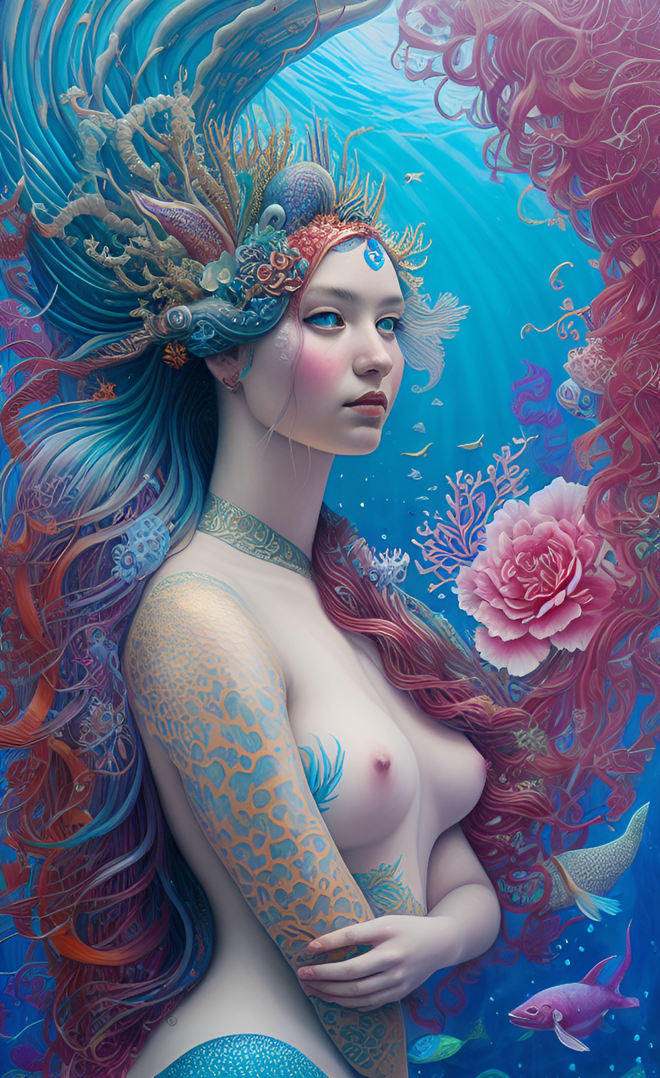 Mermaid - mermaid swimming under the sea portrait details long hair 3d hq preview