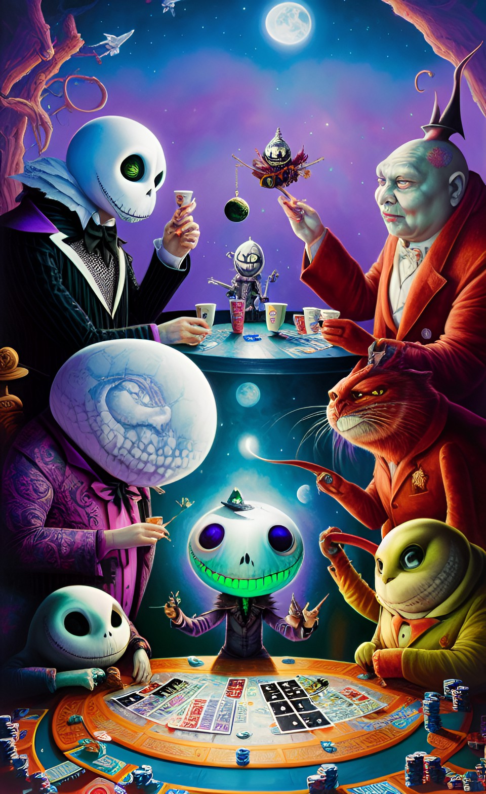 nightmare before christmas characters playing poker together in an advanced cia base on the moon while praising jesus and buddha preview