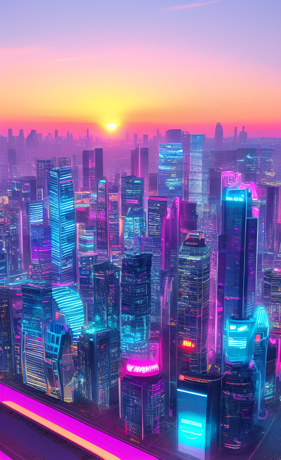 sunset over cyber city with pink windows and flying cars preview