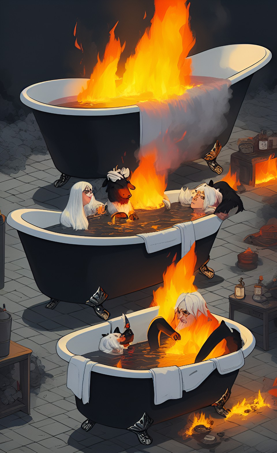 humans burning in a bathtub with gasolinebl by angry black blasphemous goats preview