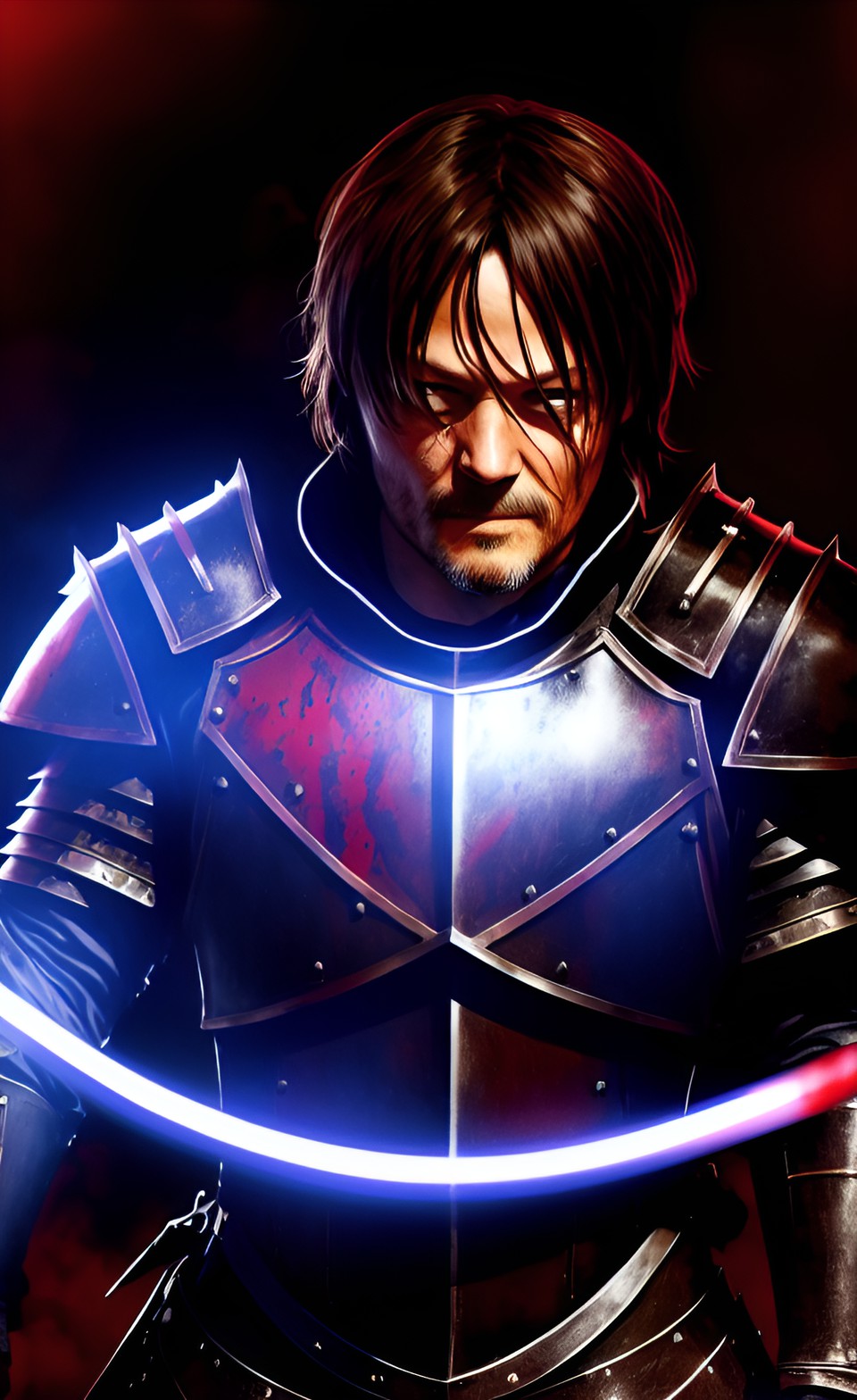 norman mark reedus,in fantasy medieval knight armor, fantasy, blood background, realistic, hq, 4k preview