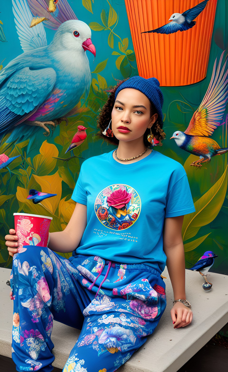 gorgeous woman in sweatpants and a t-shirt hanging out on a park bench feeding popcorn to pigeons preview