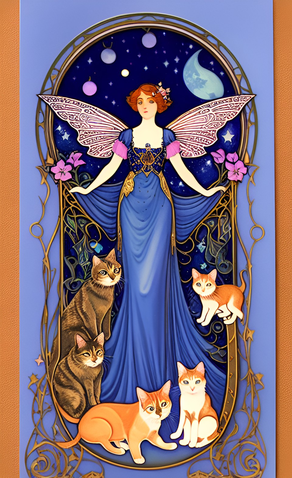 whimsical art nouveau postcard image of a fairy with cats and dogs  in metallic midnight blue night sky with pink clouds  and gold stars preview