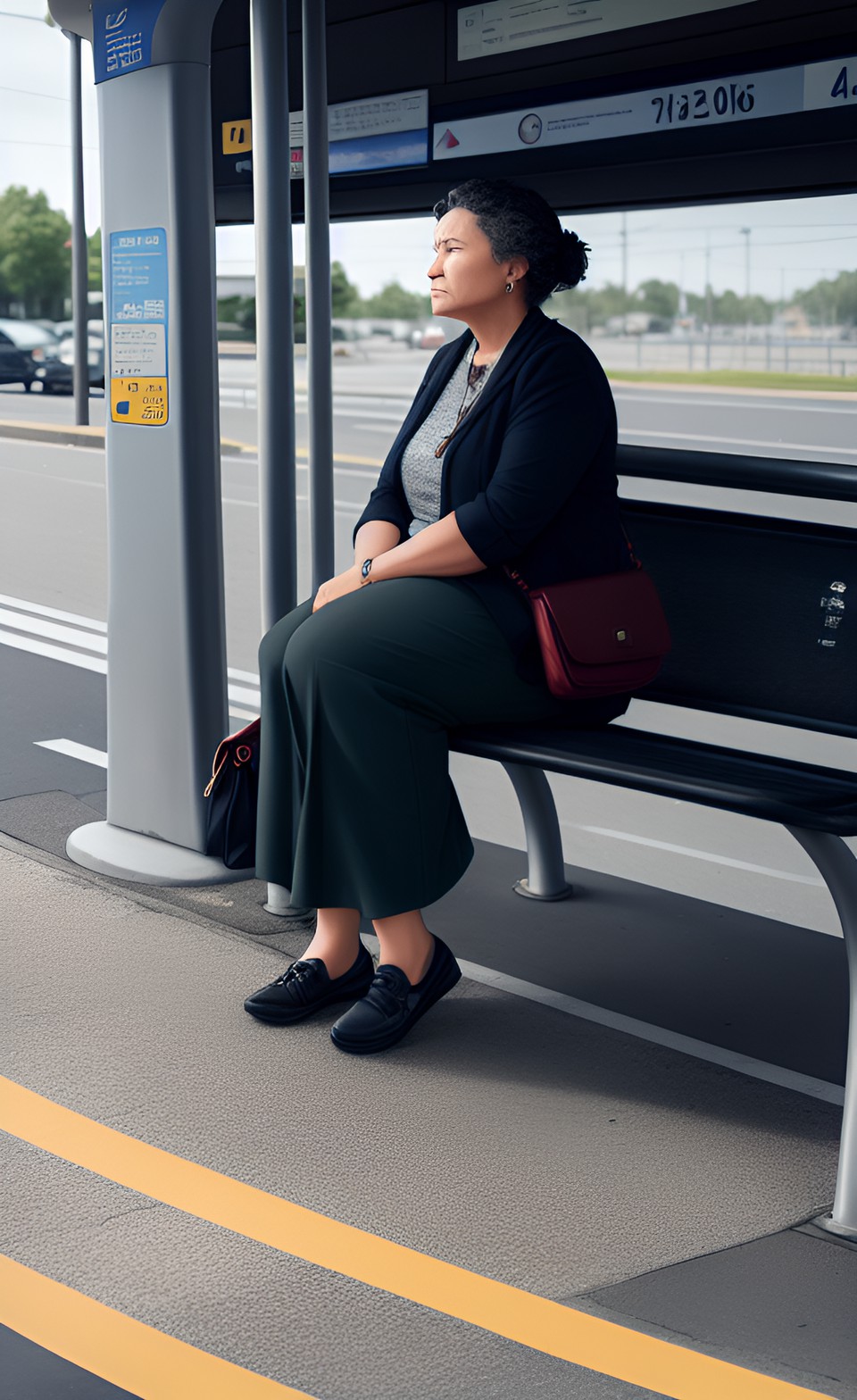 middle-aged woman contemplating her mortality at a bus stop preview