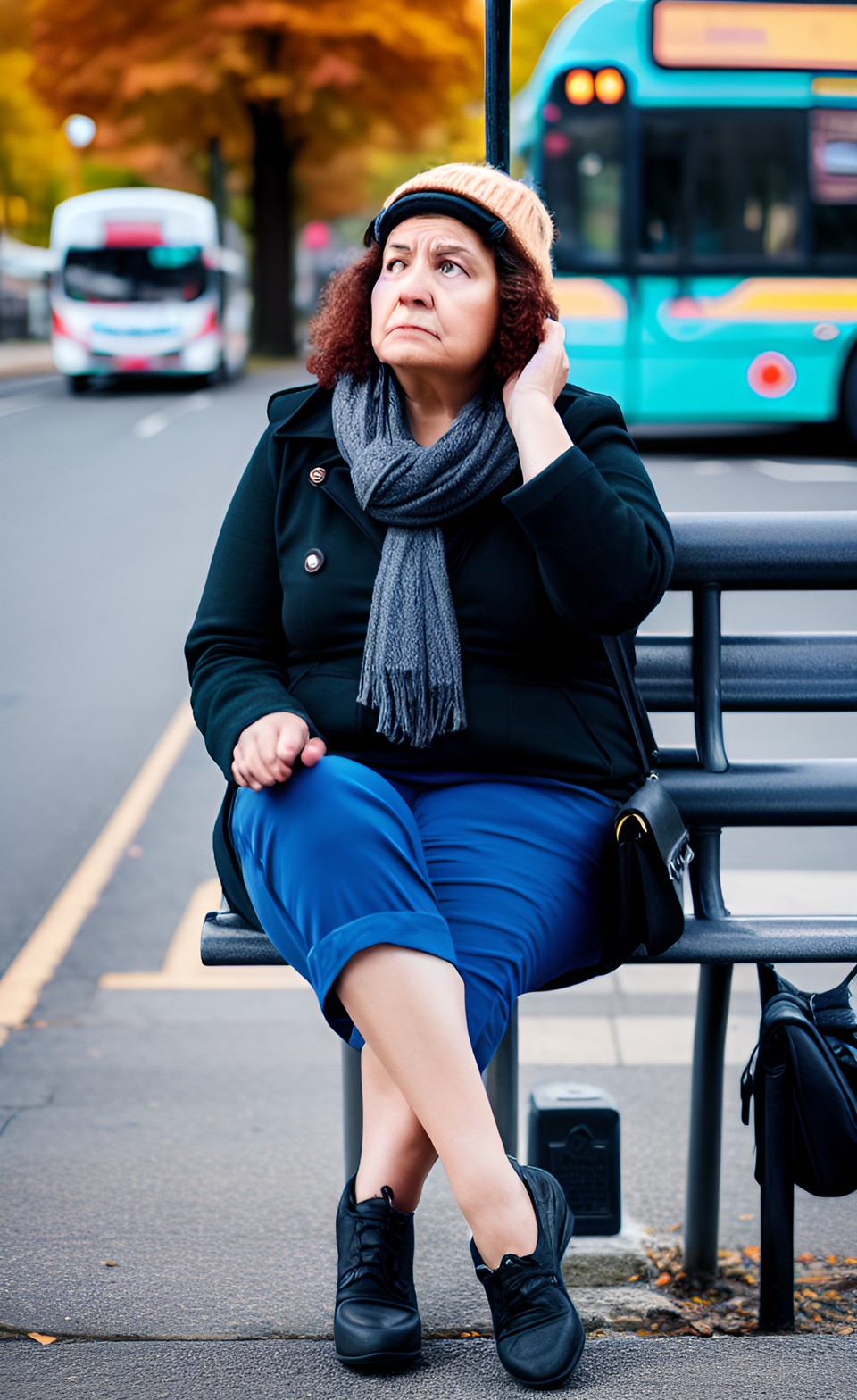 middle-aged woman contemplating her mortality at a bus stop preview