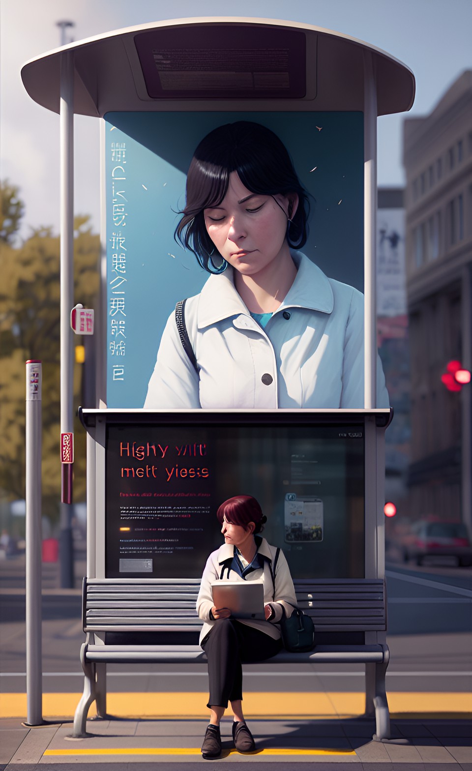 middle-aged woman contemplating her mortality at a bus stop preview