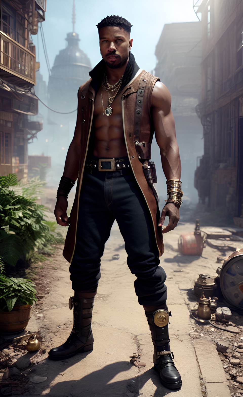 Steampunk Universe - shirtless michael b jordan posing in a steampunk world preview