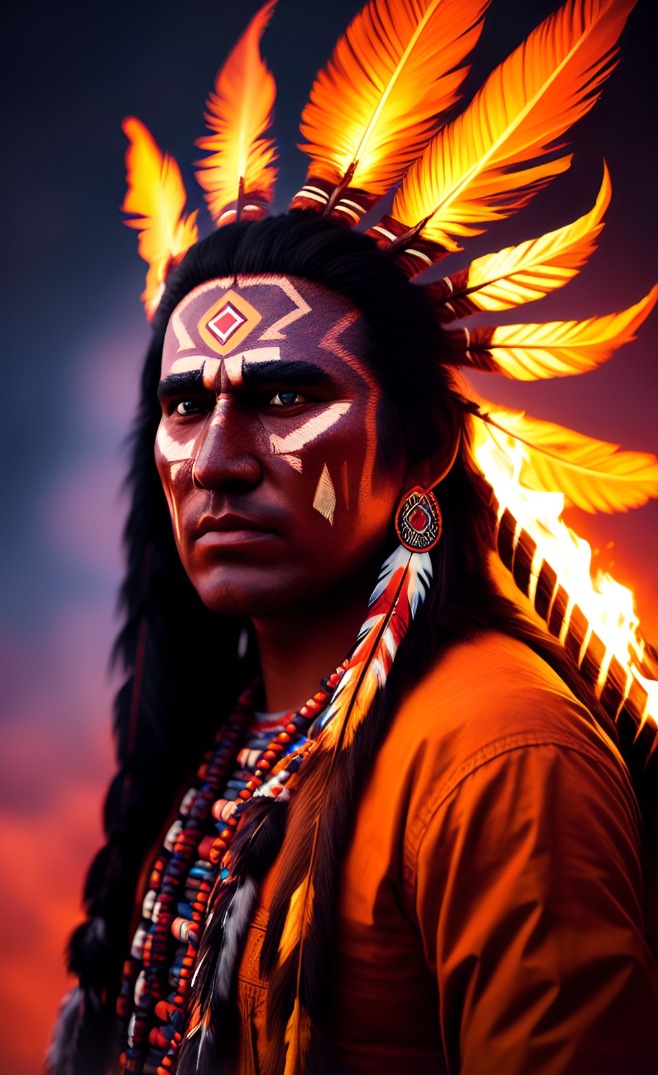 native american very detailed fire background at night shadow face preview