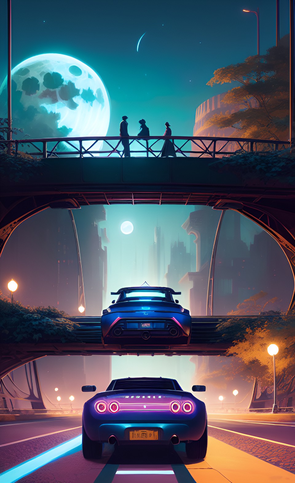 car, bridge, night, moon, plants preview