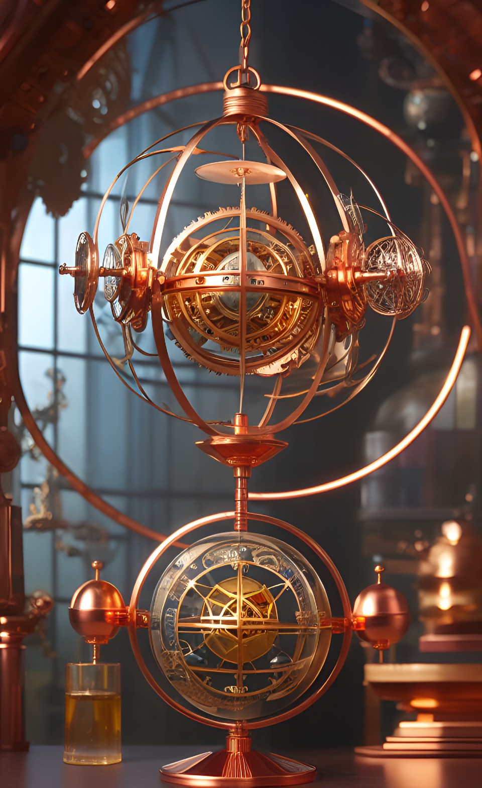 fantasy mechanical orrery made of copper,.gold,.silver, and gemstones in an alchemist's lab preview