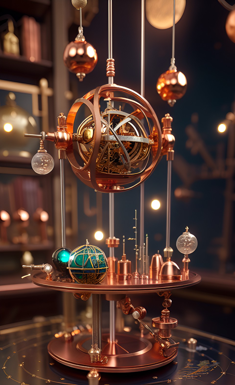 fantasy mechanical orrery made of copper,.gold,.silver, and gemstones in an alchemist's lab preview