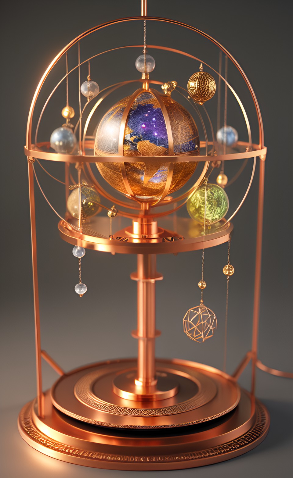 fantasy mechanical orrery made of copper,.gold,.silver, and gemstones in an oracle's chambers preview