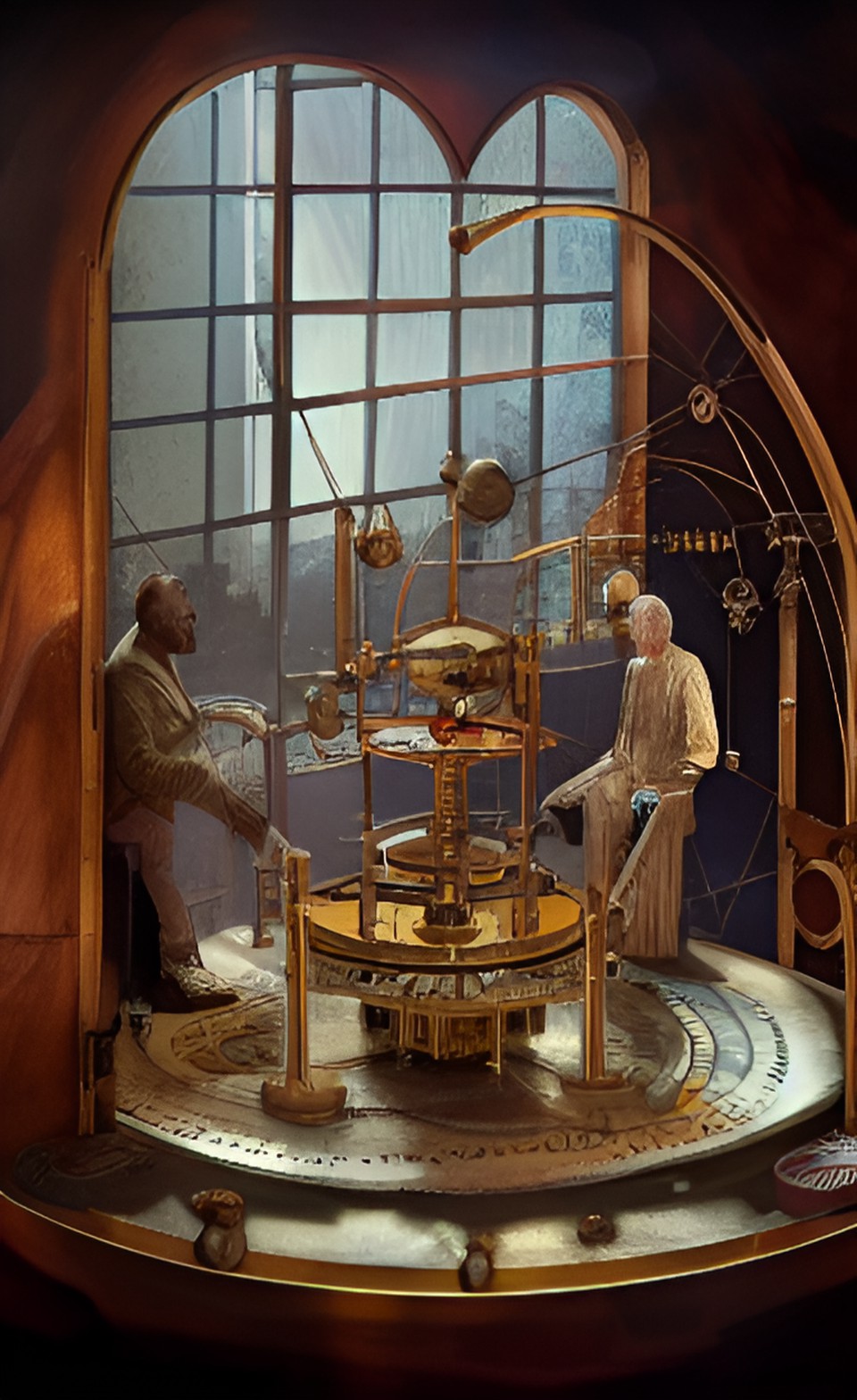 king's chief seer consulting a tabletop fantasy mechanical orrery made of copper,.gold,.silver, and gemstones in an oracle's  chambers preview