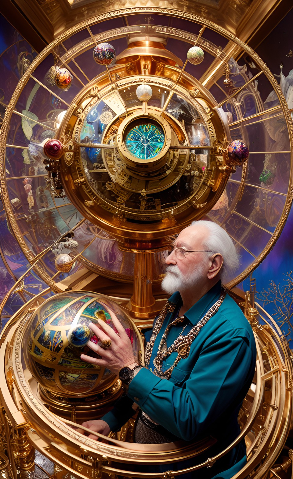 king's chief seer consulting a tabletop fantasy mechanical orrery made of copper,.gold,.silver, and gemstones in an oracle's  chambers preview