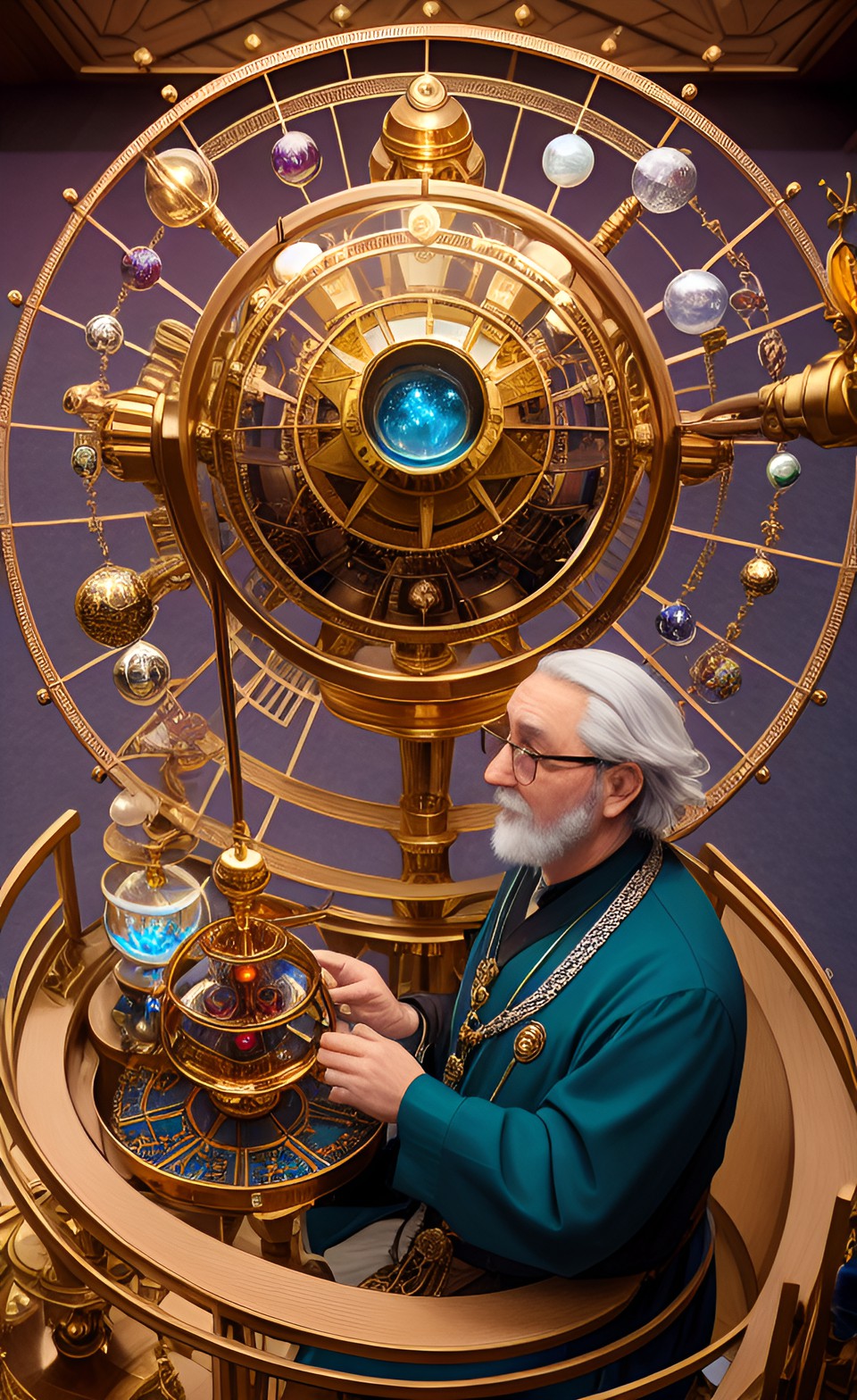 king's chief seer consulting a tabletop fantasy mechanical orrery made of copper,.gold,.silver, and gemstones in an oracle's  chambers preview