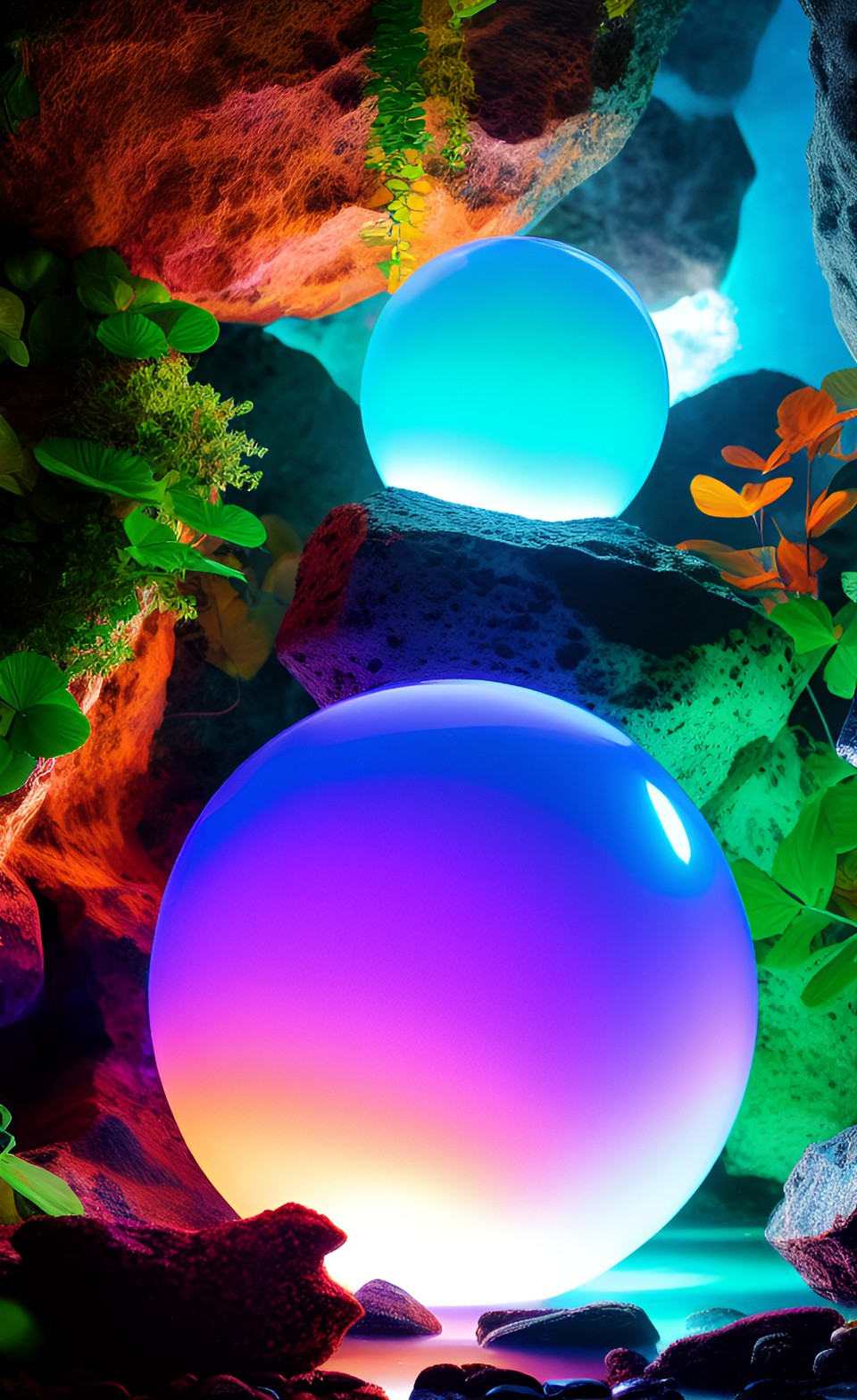 a glowing jungle opalescent sphere on the rocks preview