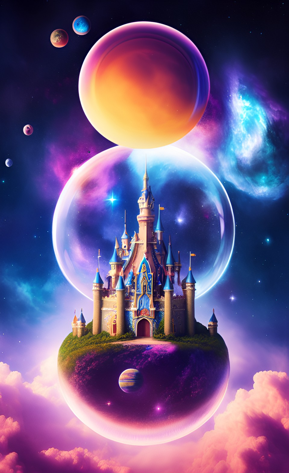 bubble castle in the universe, star clouds and planets preview