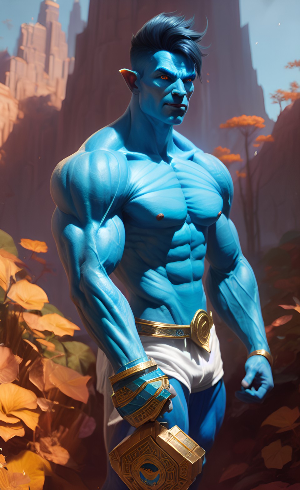 male, blue skin, muscular, fantasy elf preview