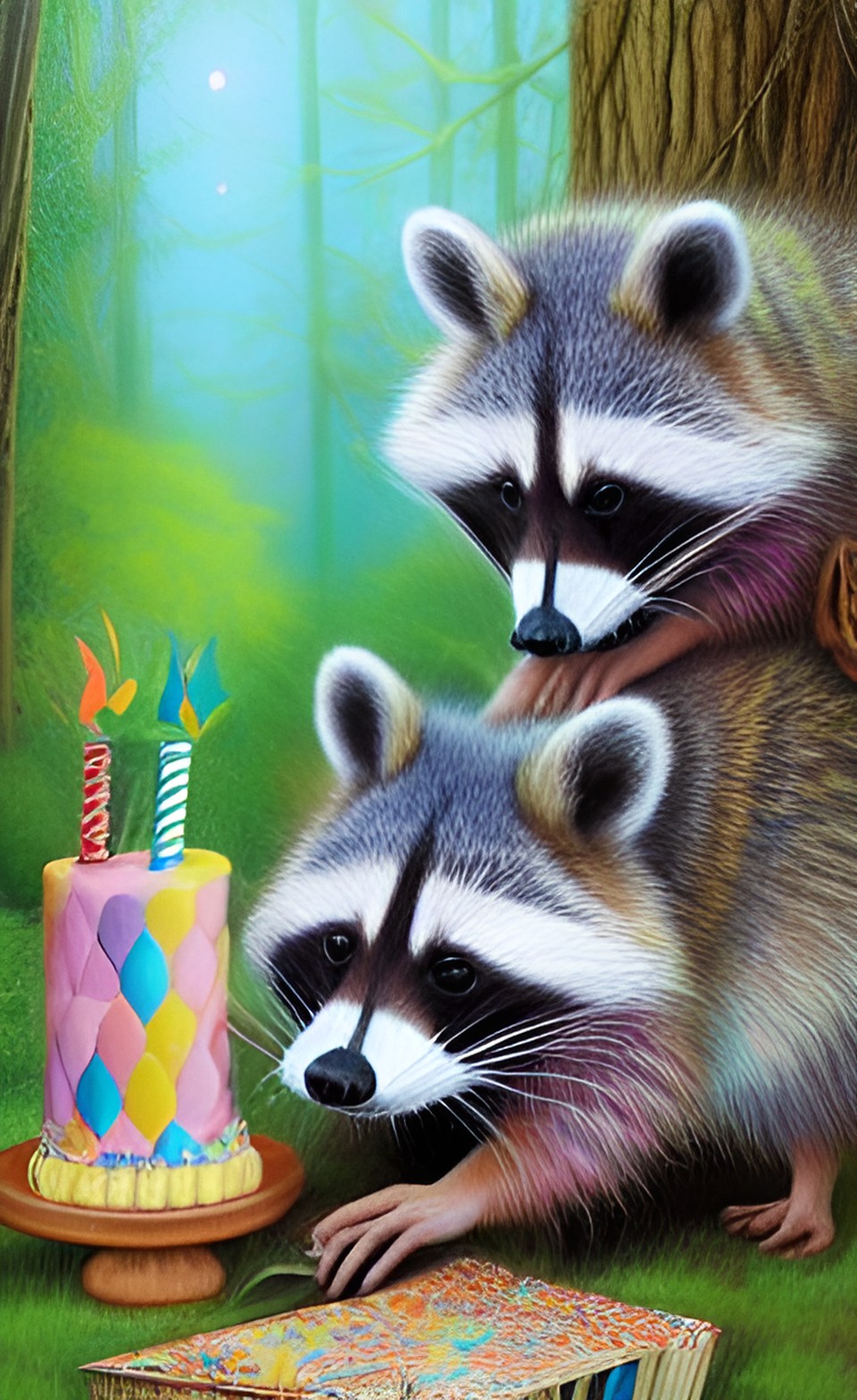 raccoons having a birthday party in the woods, pastel art, technicolor, soft lighting, playful, cute, book cover art preview