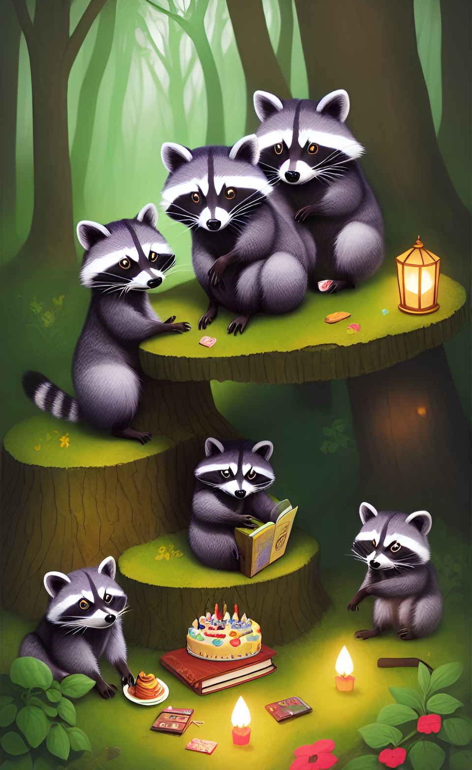 raccoons having a birthday party in the woods, soft lighting, playful, cute, book cover art preview