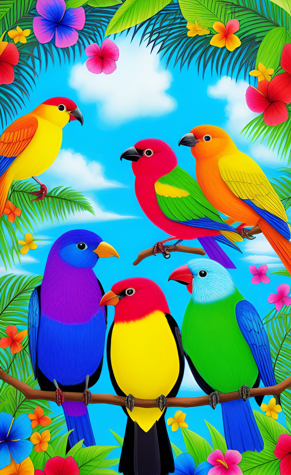 colorful tropical birds having a birthday party, prismacolor preview