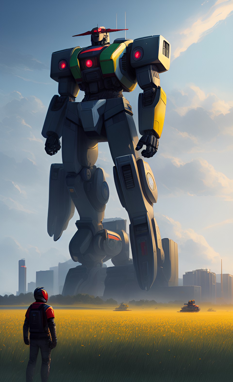 a giant robot in the middle of a field. landscape, concept art, in the style of wlop, rossdraws, digital art, artstation trending preview