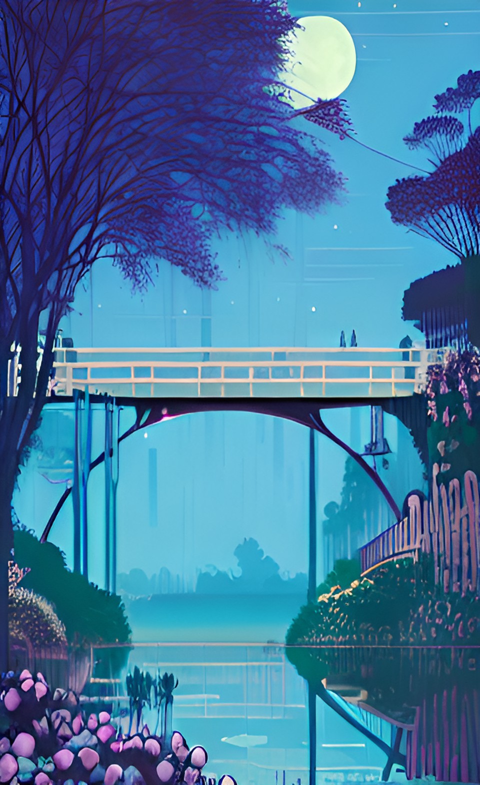 a bridge made of plants over a river with a full moon in distance preview