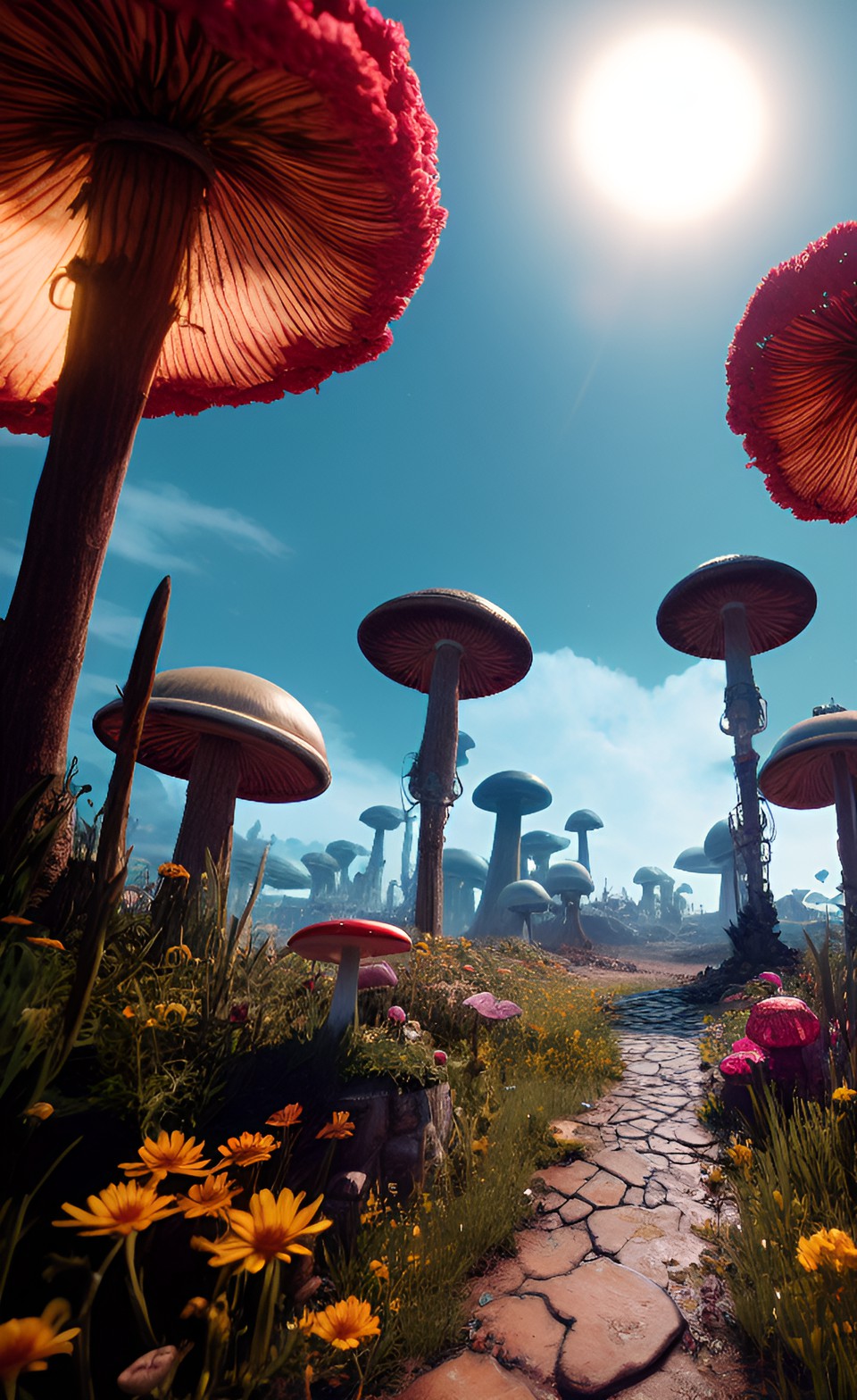 the wasteland filled with giant flowers and mushrooms, au naturel, hyper detailed, digital art, trending in artstation, cinematic lighting, studio quality, smooth render, unreal engine 5 rendered preview