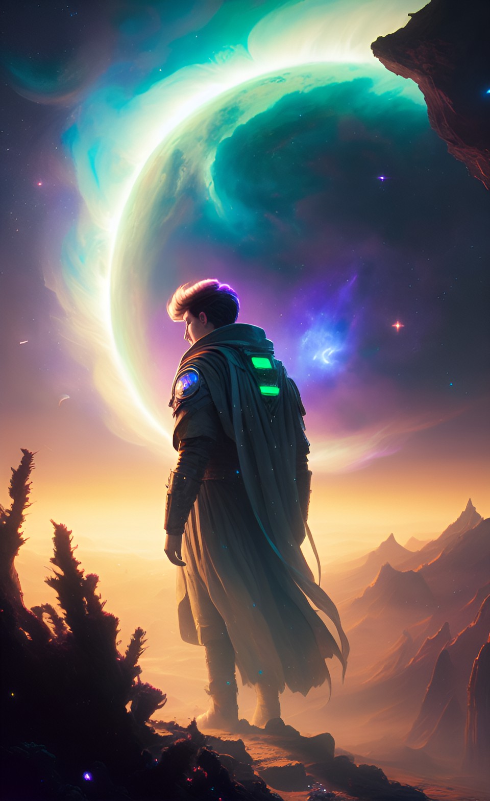 Solitude - space nomad, starry cloak, nebula hair in endless void, astral currents, cosmic waves | 8k, hdr, fantasy, techno-pop, dn preview