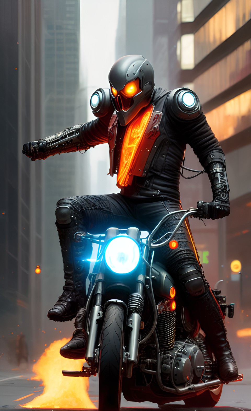 a cyborg that has melded with a motorcycle. his metal and flesh crave justice. a real life ghost rider all rolled into one preview