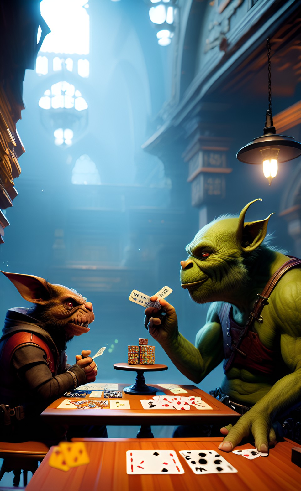 a goblin and an orc sitting at a table together playing a game of cards preview