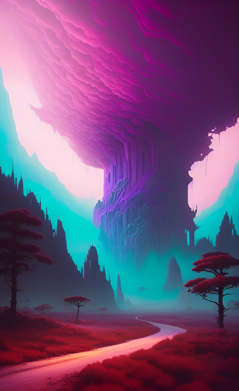 A spire in a forest. - dream void purple eldritch horror gore blood liquid empty landscape shadow orbs trees red sky cloud // high quality hd semi-realistic colorful preview