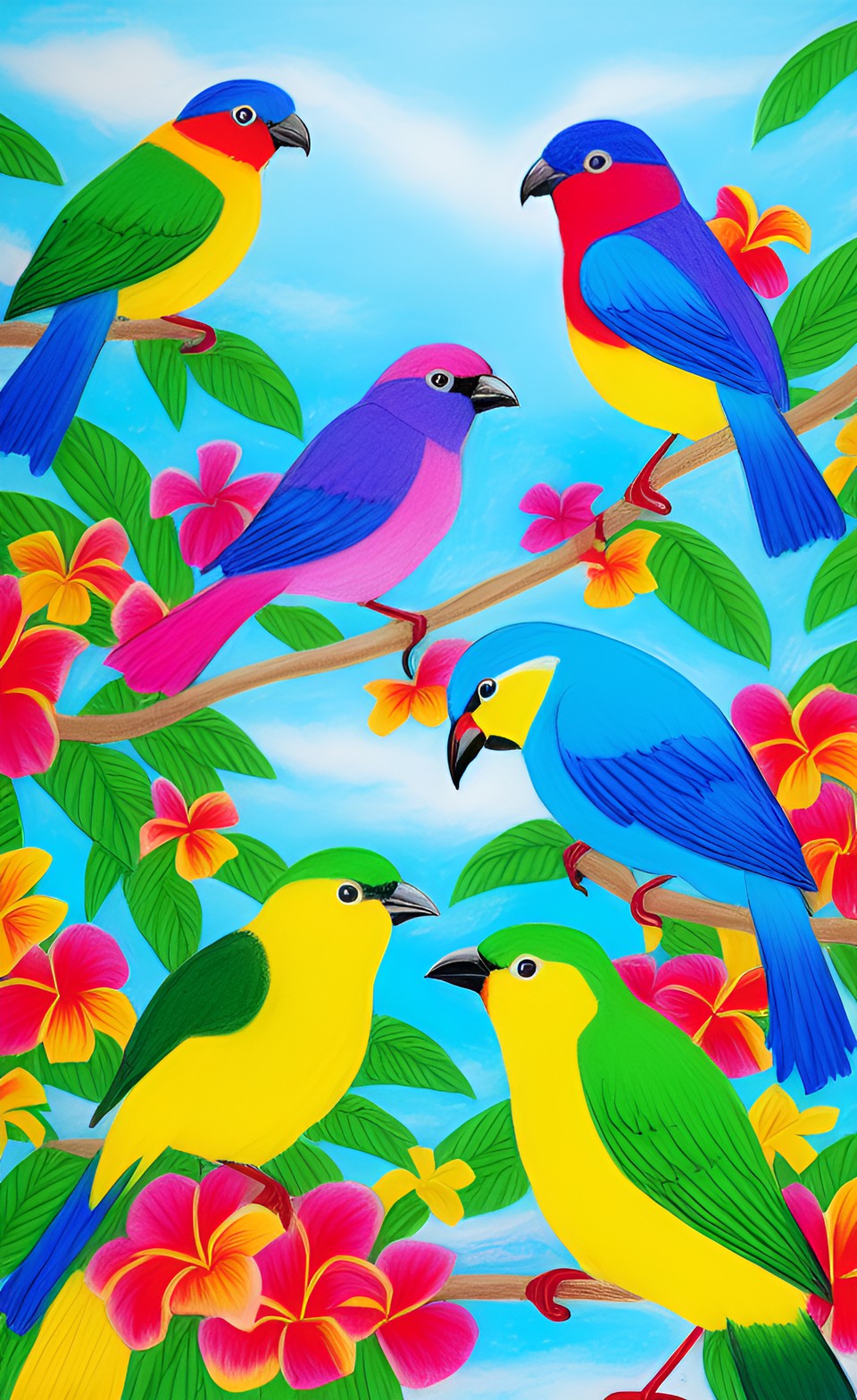 colorful tropical birds having a birthday party, chalk pastel preview