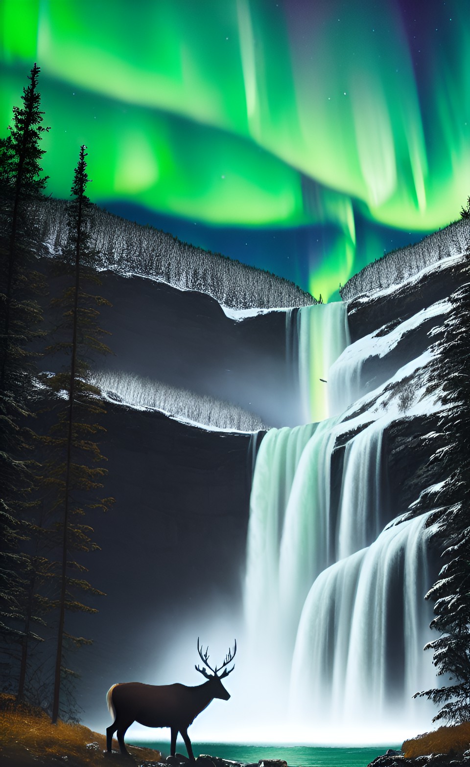 aurora borealis over a waterfall with a stag drinking from a stream in the foreground preview