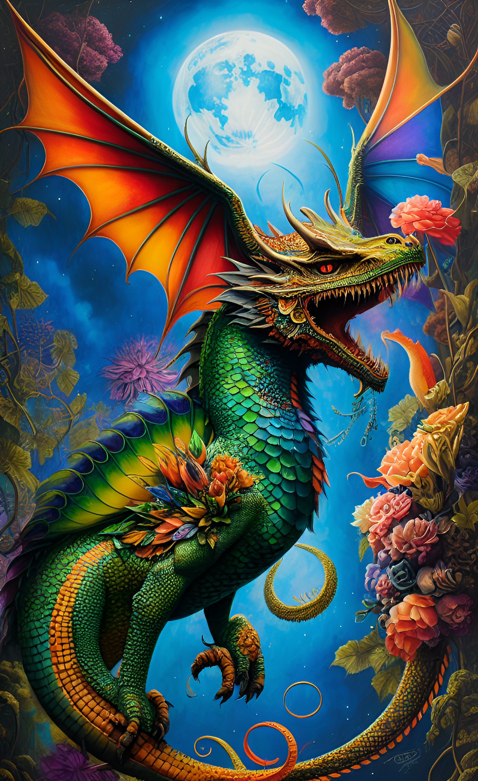 The Dragon flower - a green and orange color dragon running among the trees with glistening scales  along its back “centered” preview