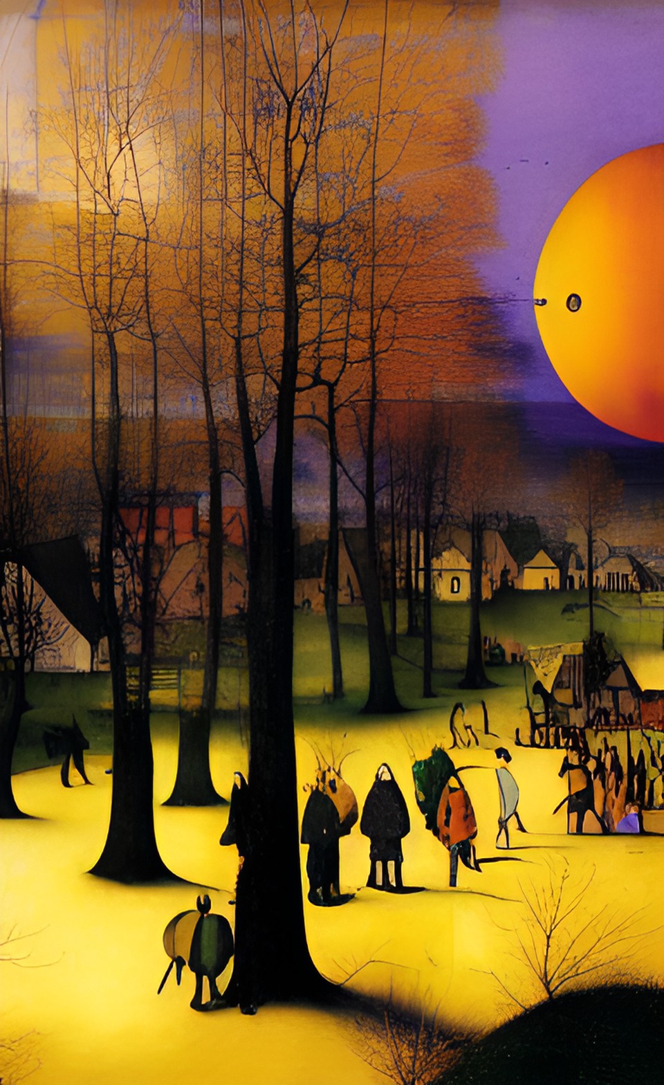 smiling sun, creepy, yellow orange red purple black, pieter bruegel the elder preview