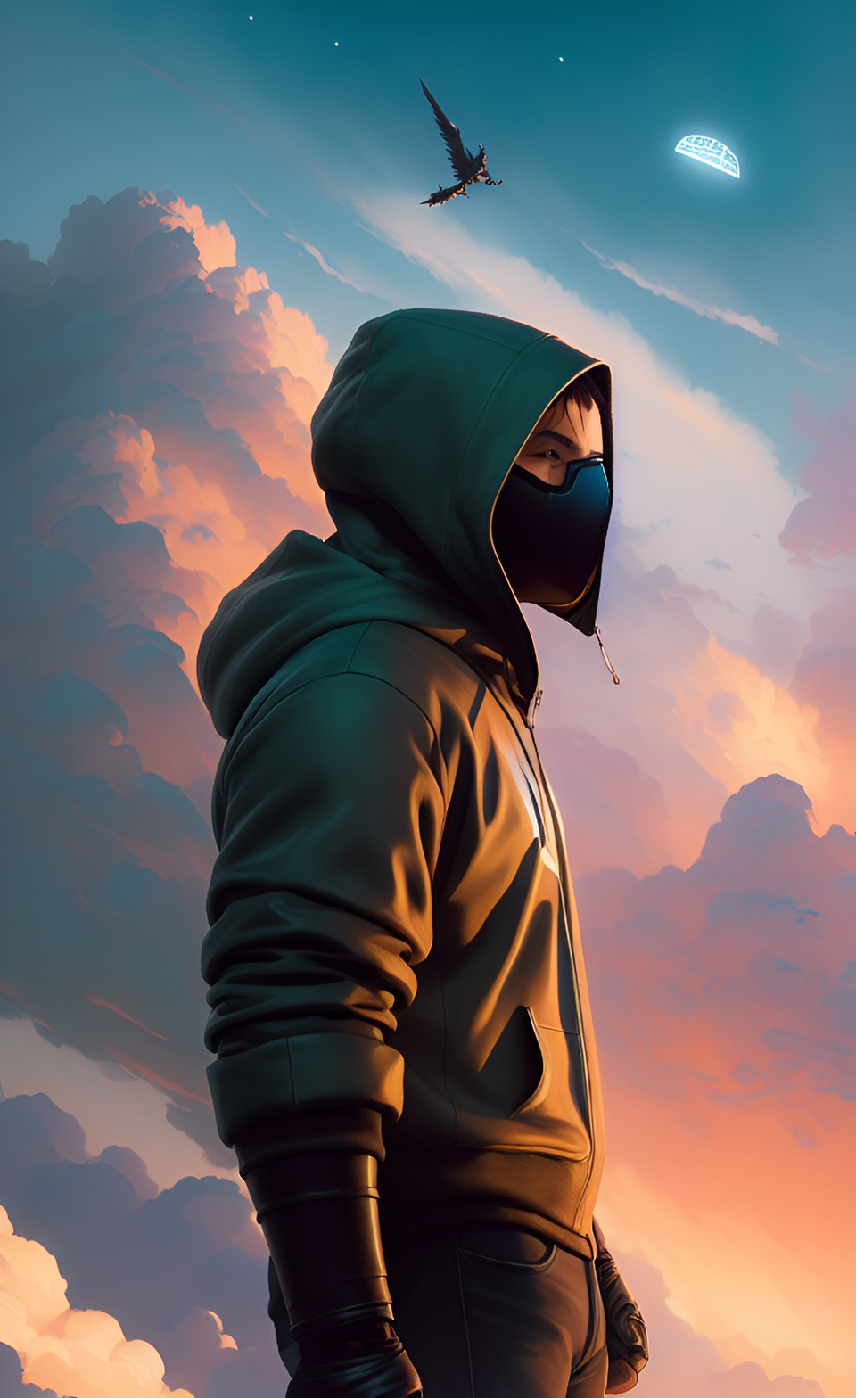 Hooded hero 2 - hooded man punching the sky, clearing it from clouds preview