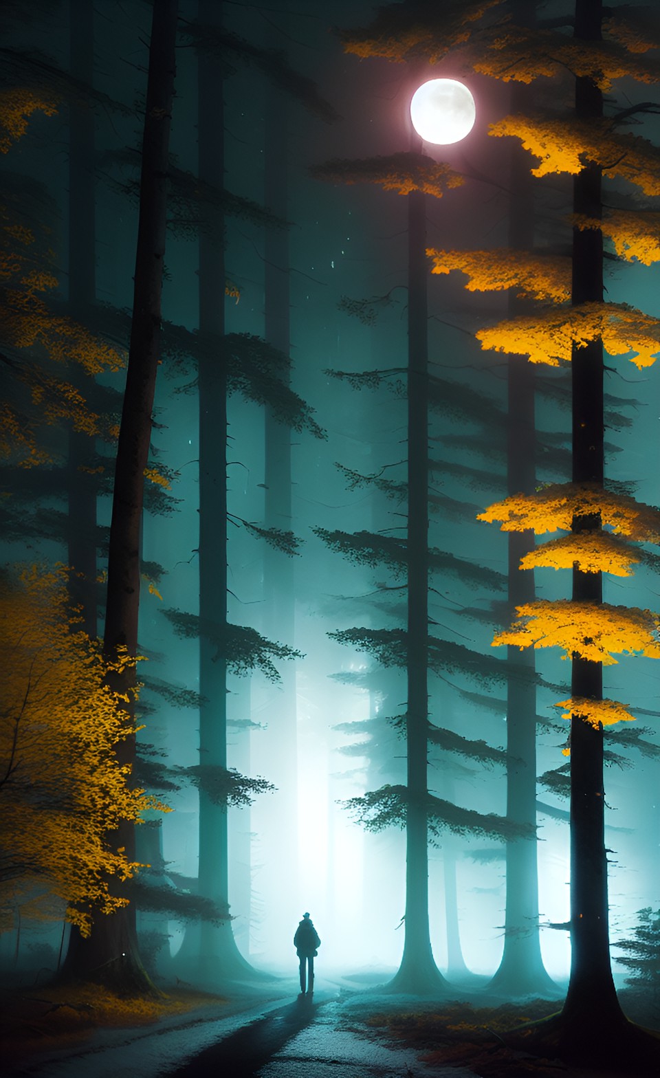 night dark dense scary forest, yellow moon, heavy fog, snowfall, small trodden path preview