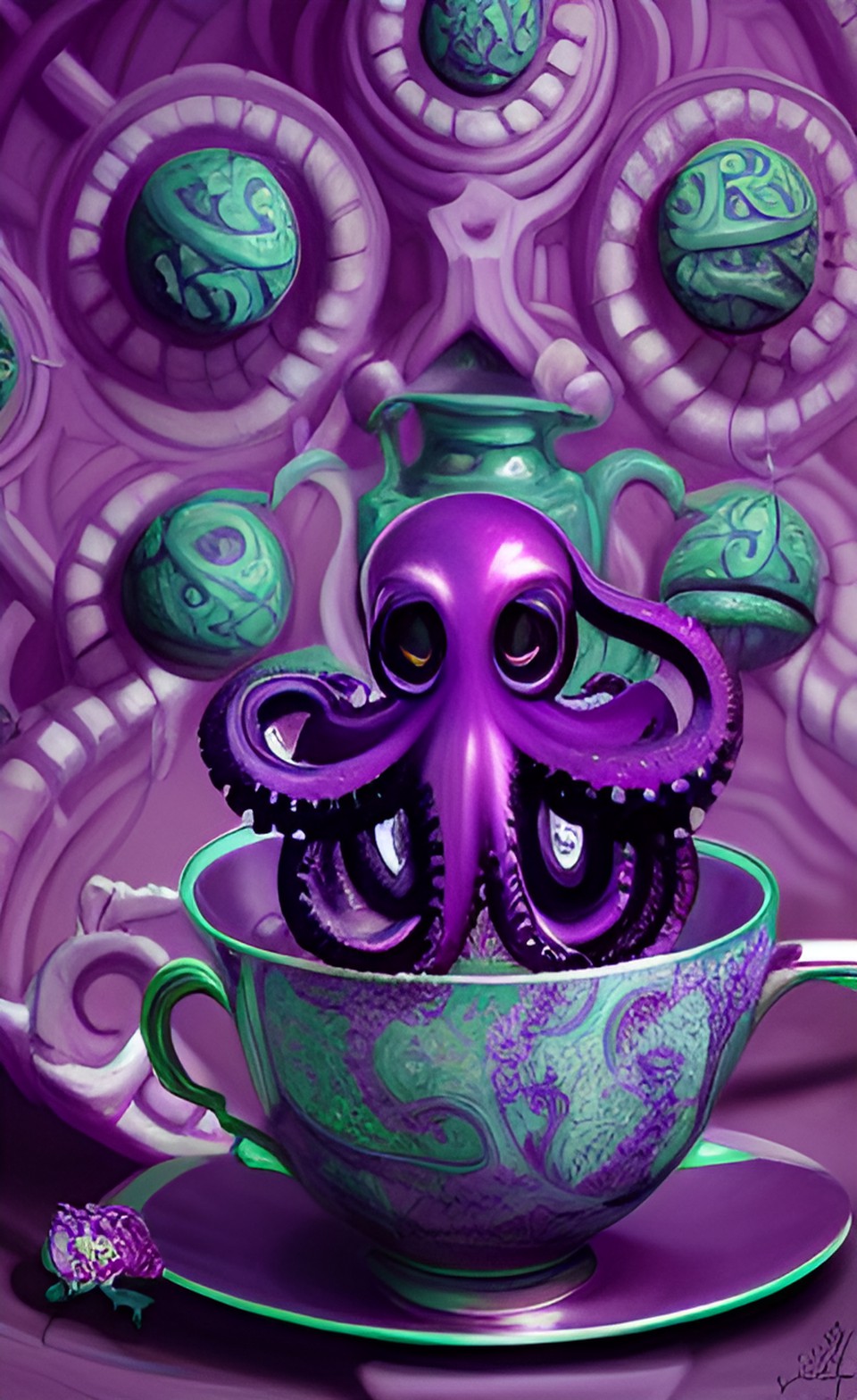 Squiddums - purple octopus tentacles overflowing from an ornate tea set preview