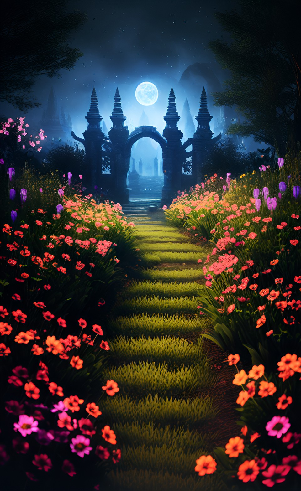 whole foods - a field of blooming flowers, dark color pallete, diablo-style, at night, fantasy, ancient, magic, intricate, highly detailed,ultra realistic, 8k, hd preview