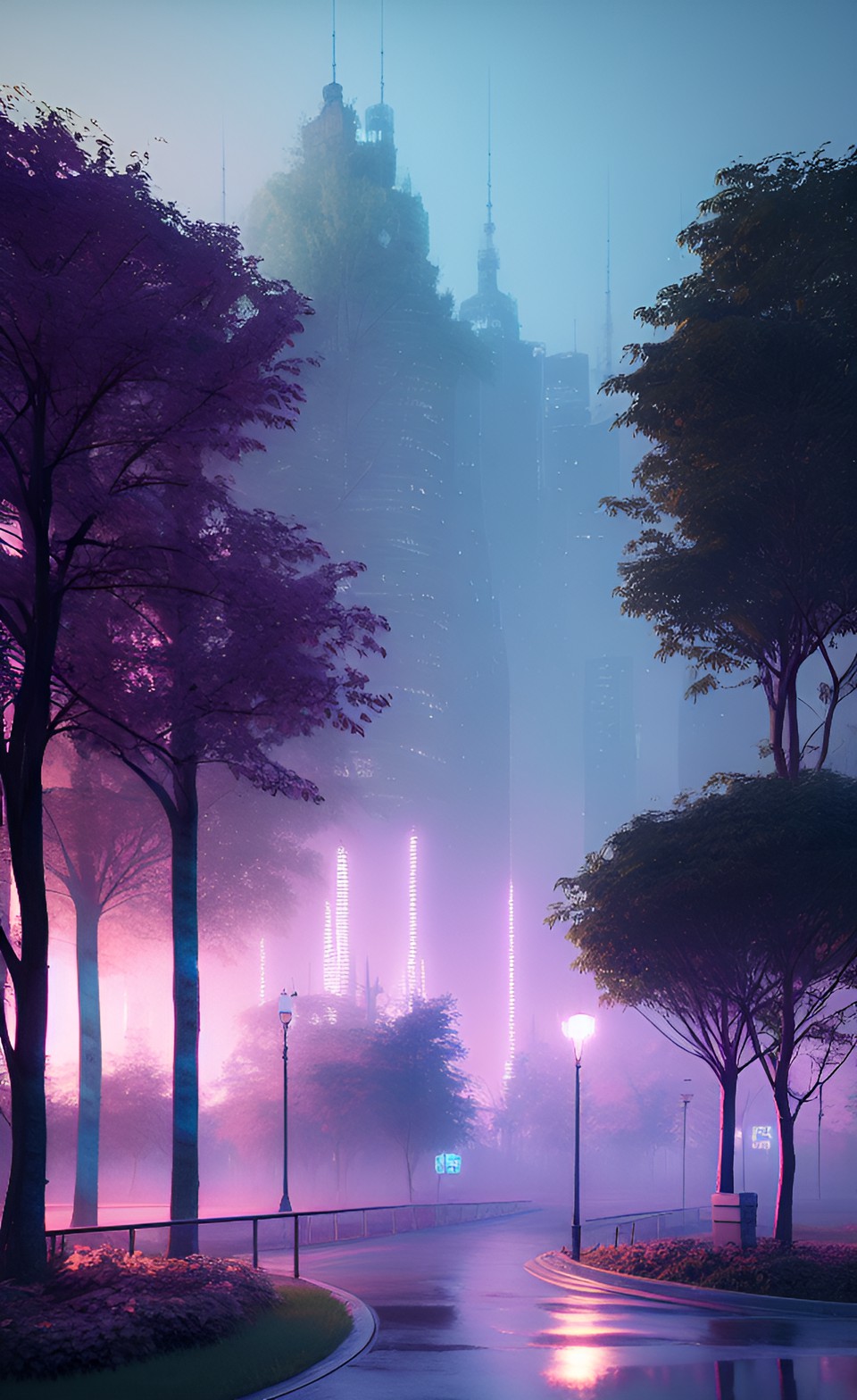 watercolor pastel city cityscape with haunting pastel park of trees, dim light. chromatic. dusky. preview