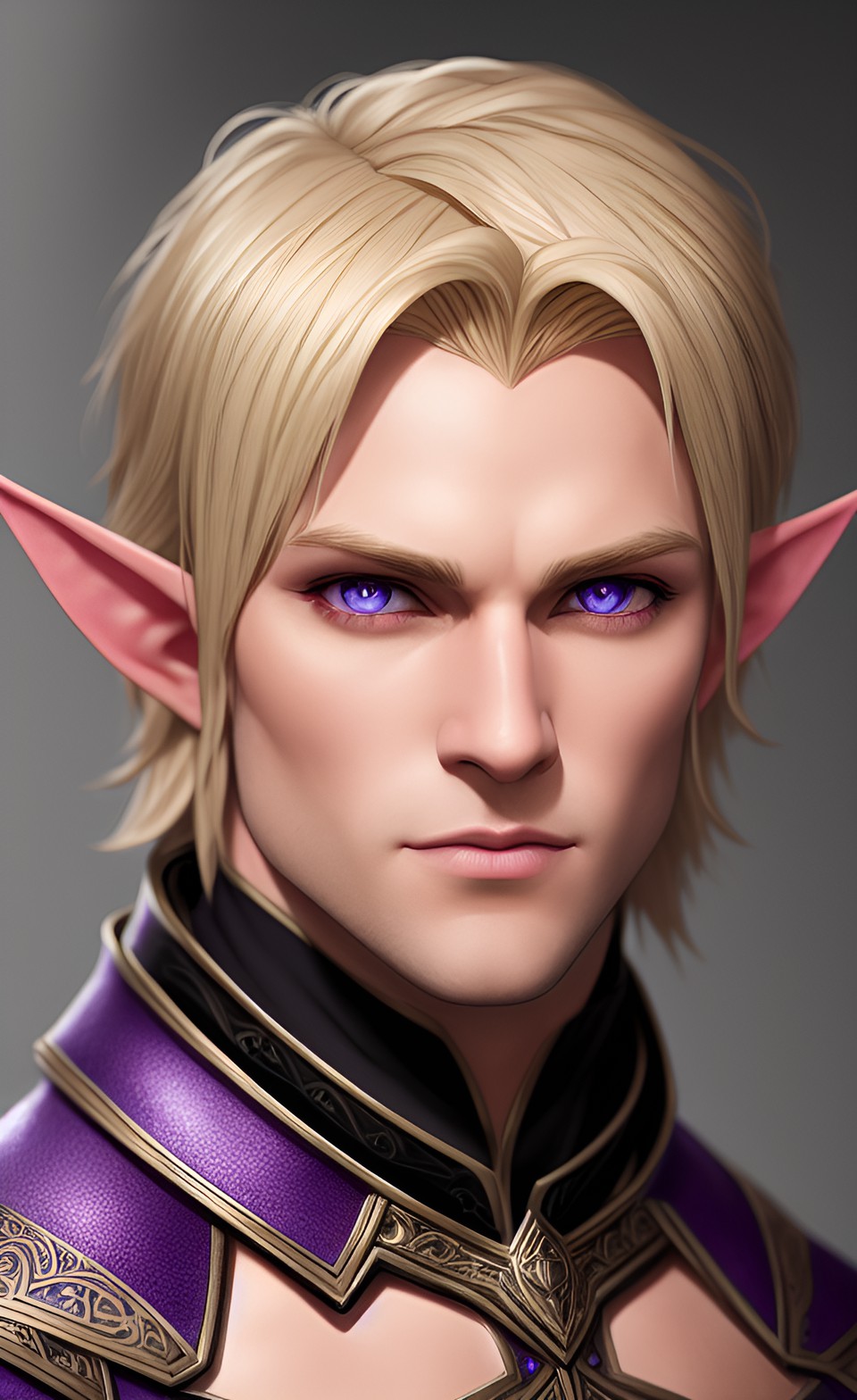 handsome blond elf man with purple eyes, fstop 1.8, 100mm, rule of thirds, hyper realistic, tack-sharp, intricate detail, high contrast, dramatic lighting, 3d, depth of field, trending on artstation preview