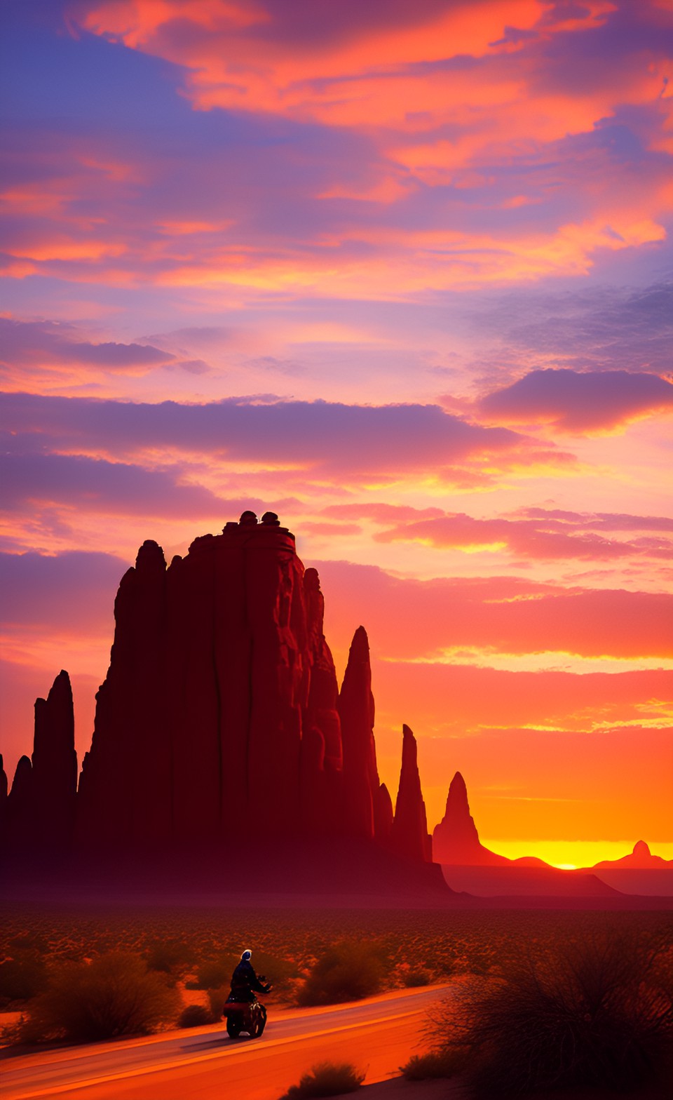 old man riding motorcycle at sunset across desert landscape with many low spires of rock in the distance.  scattered orange and red clouds in the sky preview