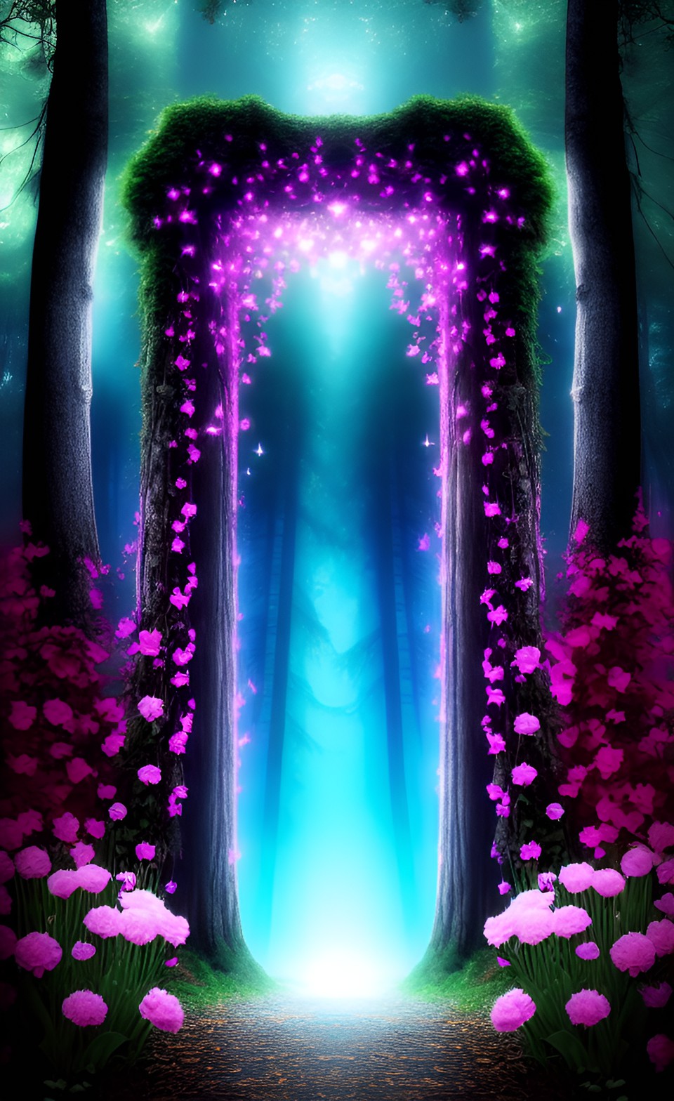 a magic fairy portal, pink and blue, deep in a dark forest preview