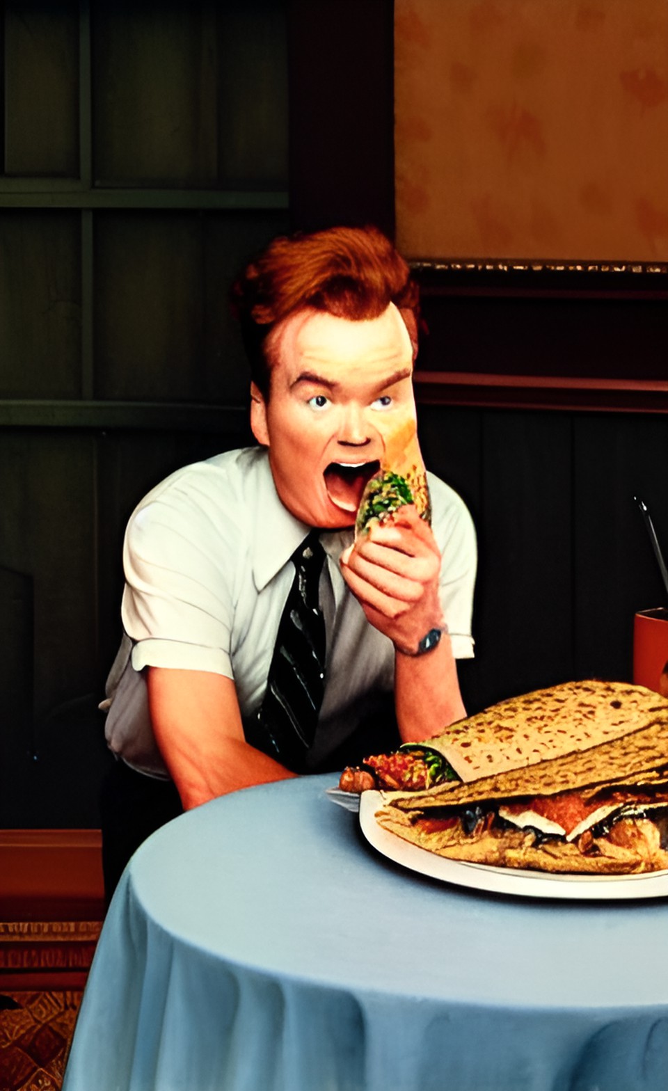 a norman rockwell portrait of conan o'brien eating a vegan burrito. preview