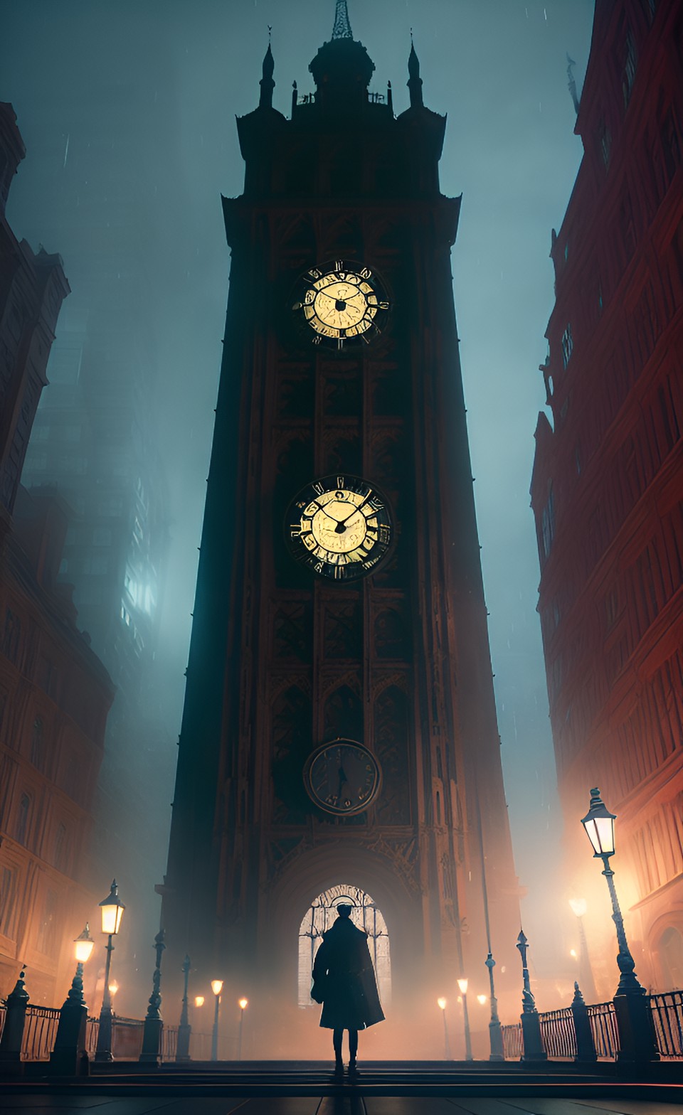 huge clock tower on a dark rainy night with a cloaked person holding a lantern preview