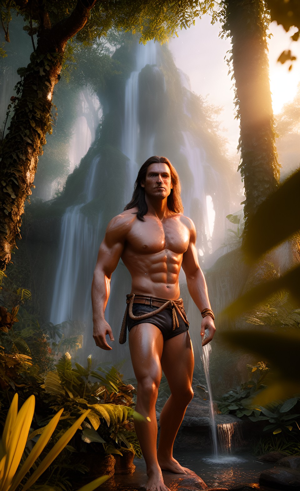 Paradise - shirtless tarzan in a celestial temple wearing haute couture, at a magical forest during the sunset time, there are fountains nearby preview