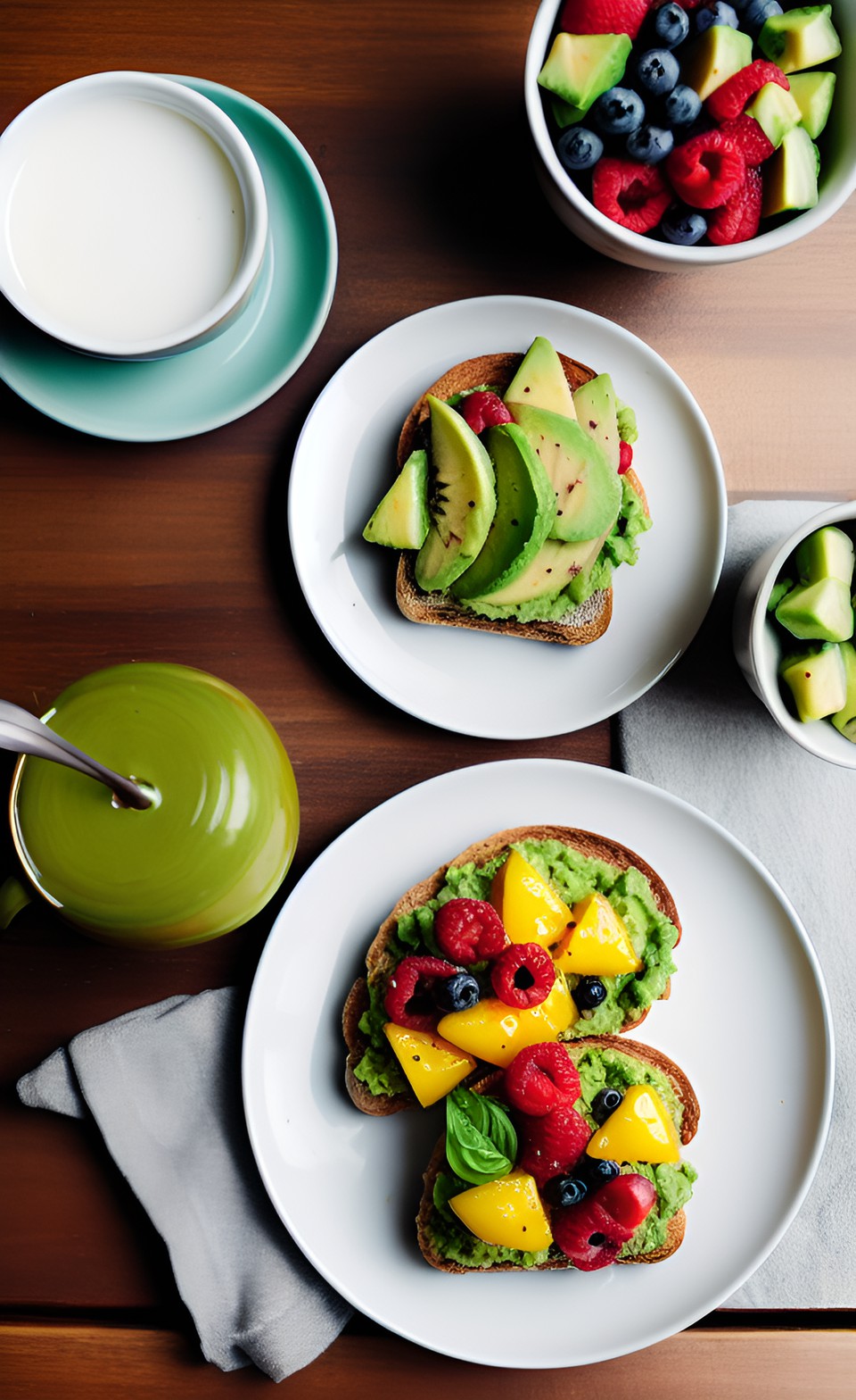 avocado toast with a fruit salad and tea preview