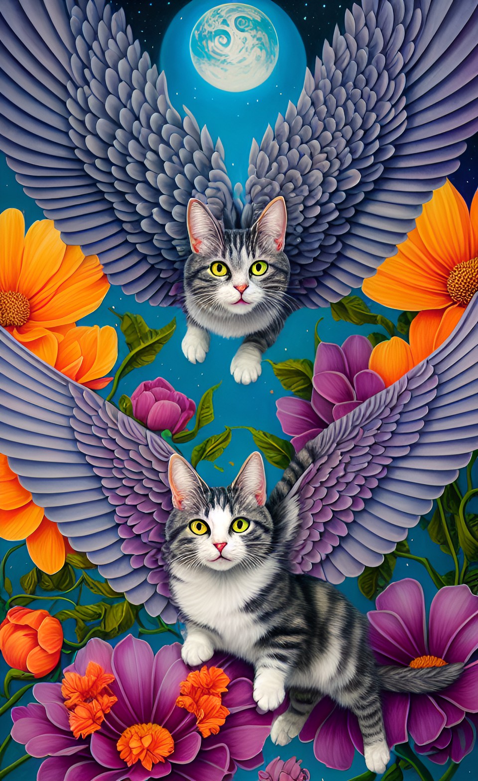 a really cute flying grey tabby cat with wings. preview