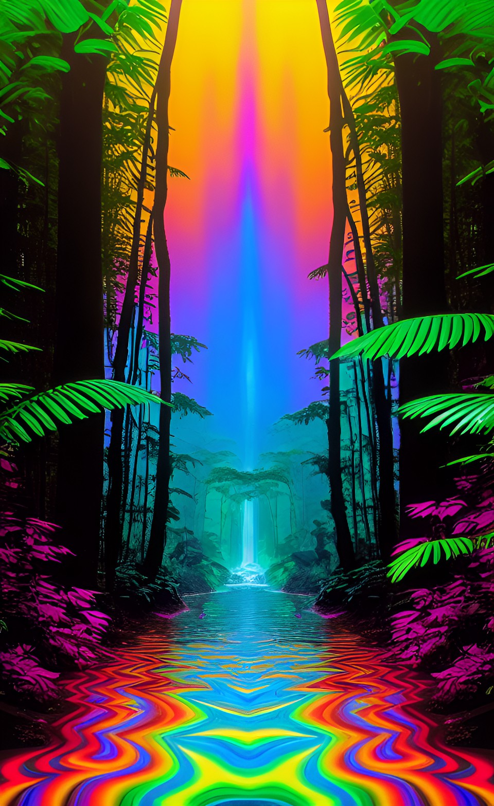 psychedelic poster of spiraling acid rainforest melting. cosmic spectral rivers preview